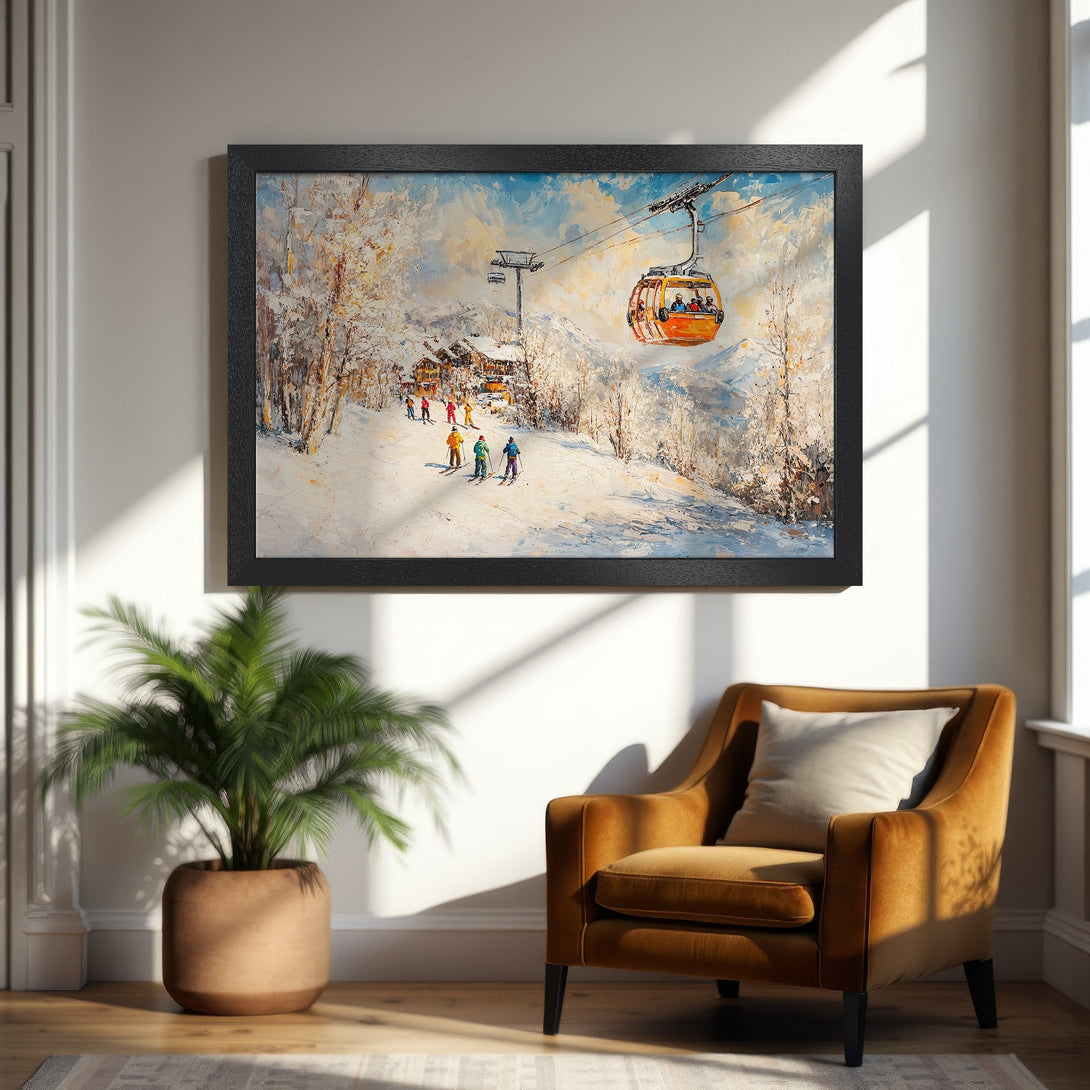 Framed Poster featuring a vibrant ski resort scene in an impressionistic style with a warm, inviting color palette. Perfect wall art.