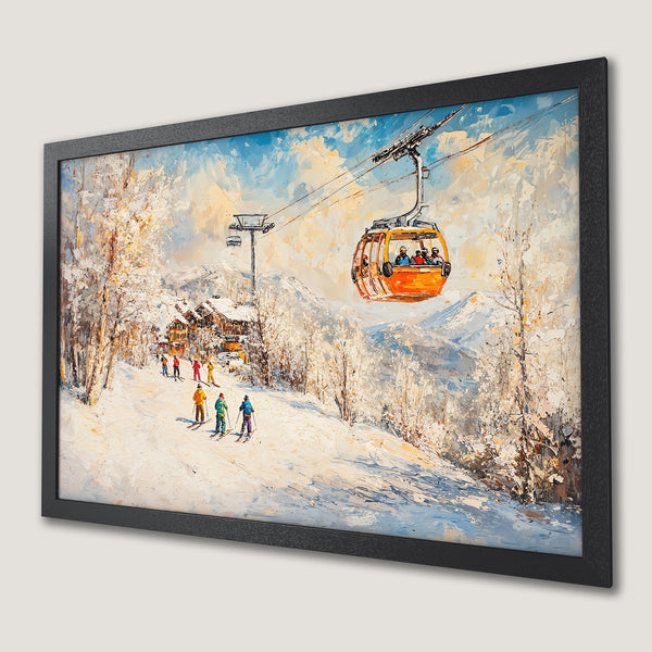 Framed Poster of a ski resort scene, oil painting style with a warm, wintery color palette. Perfect wall art for your home!