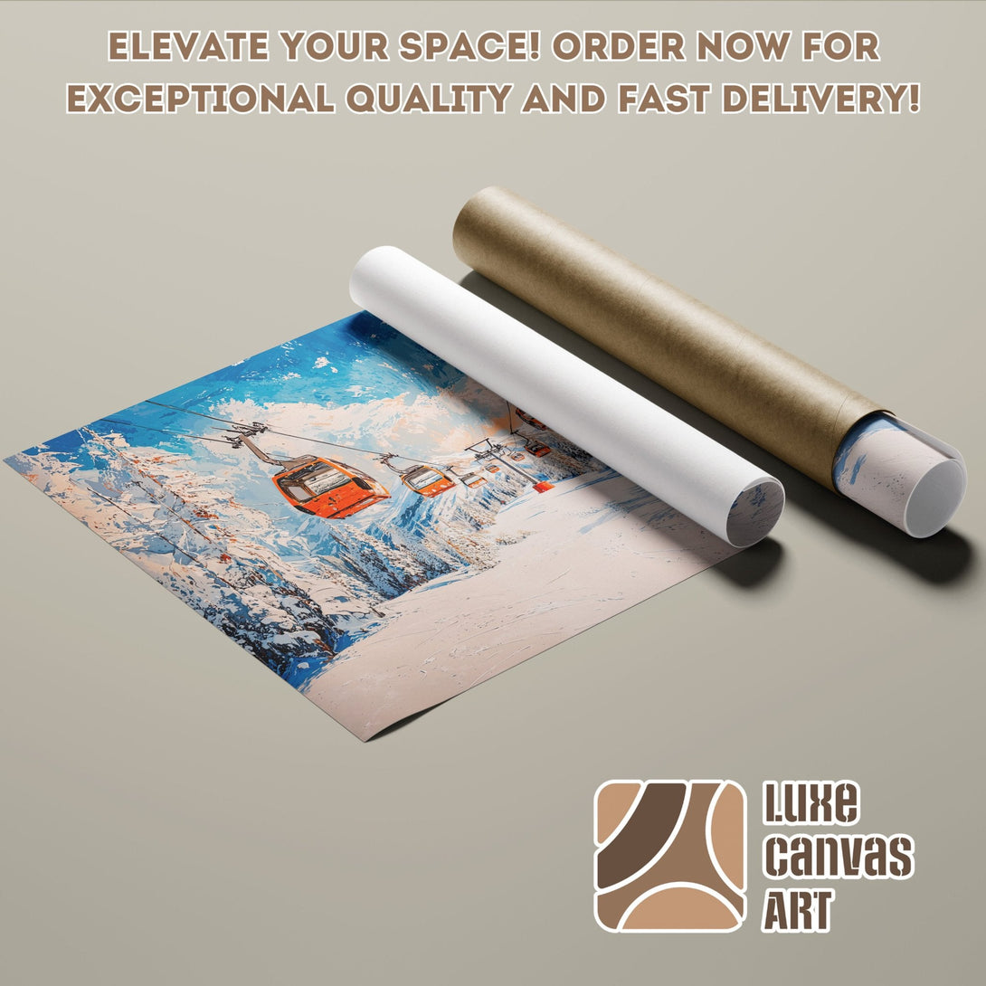 Poster Roll of a winter landscape with orange ski lifts, blue and white palette. Order now!