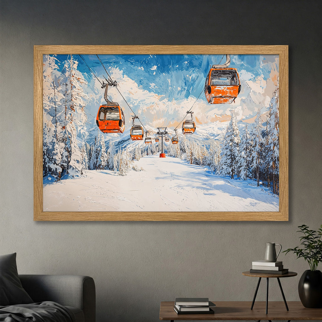 Framed Poster of a ski resort scene, painted in a textured style with a blue, white, and orange color palette. Perfect wall art!