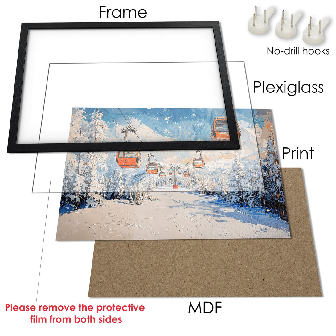 Framed Poster of a snowy ski resort scene, featuring orange ski lifts. Artistic style with a cool blue and white color palette.