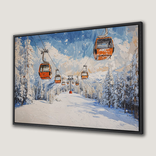 Framed Wall Art: Ski lift painting in a vibrant blue, orange, and white color palette. Perfect for winter decor and adding a touch of the mountains to your home.
