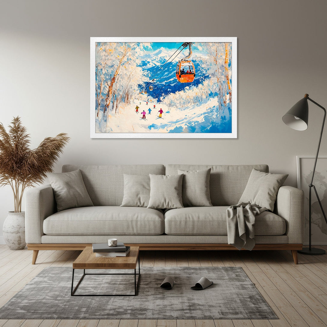 Framed Poster of a winter ski scene in a vibrant, impressionistic style with a blue and white color palette. Perfect wall art for your home!