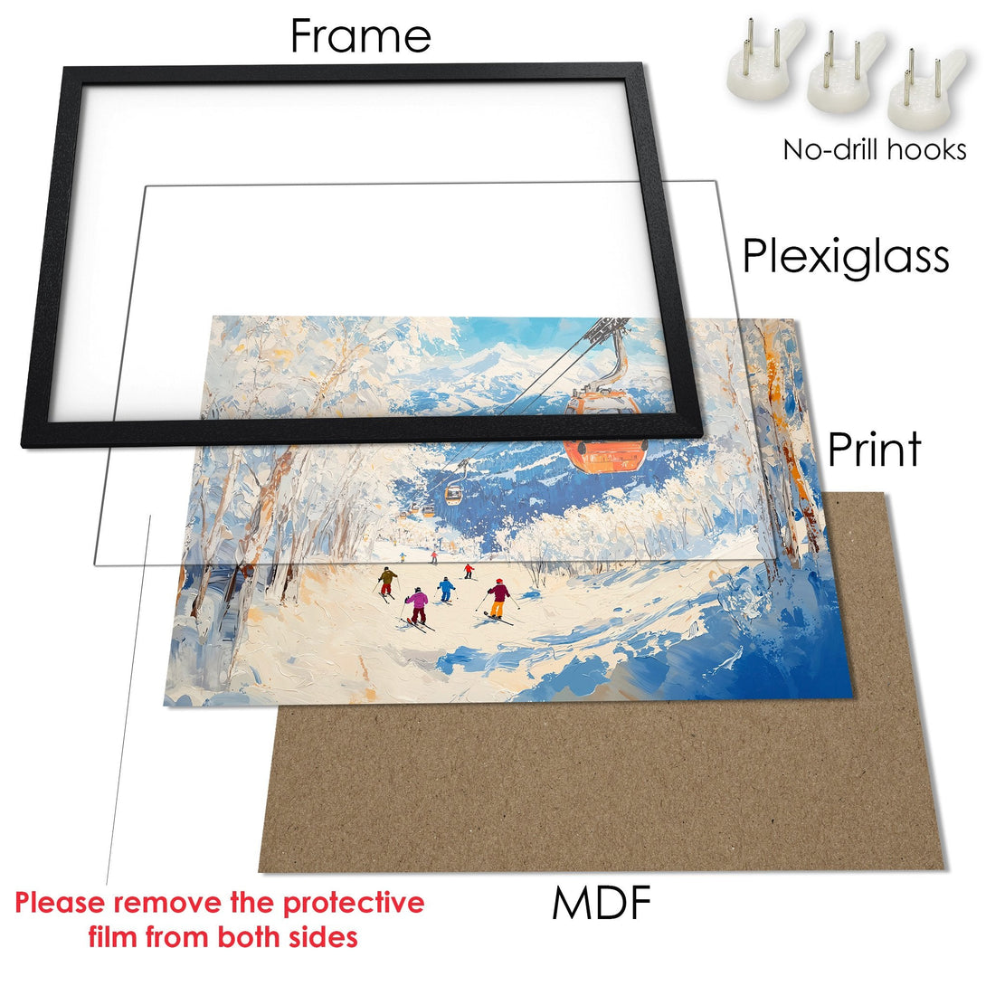 Framed Poster of a snowy ski scene in an impressionistic style, featuring blues, whites, and pops of color. Perfect wall art!