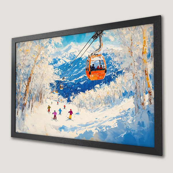 Framed Poster of a vibrant winter ski scene. Impressionistic style with blue, white, and orange hues. Perfect wall art for your home.