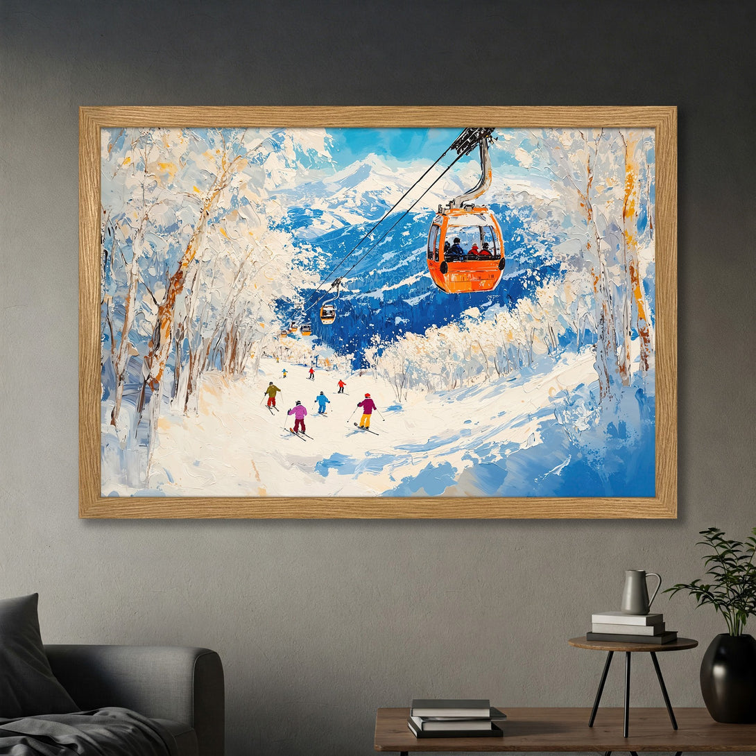 Framed Poster of a ski resort scene in a textured, impressionistic style. Features a vibrant blue, white, and orange color palette. Perfect wall art!