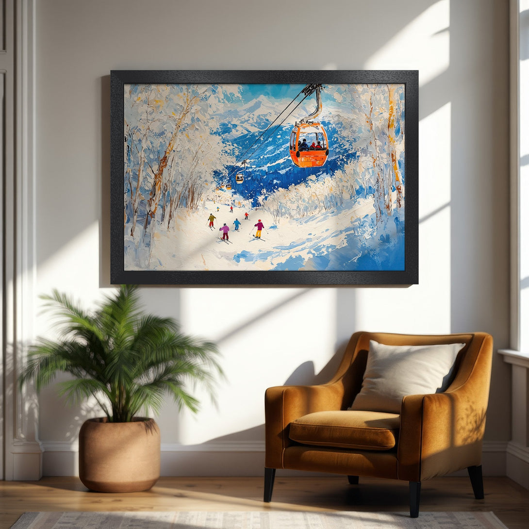 Framed Poster featuring a vibrant ski resort scene in an impressionistic style with blue, white, and orange hues. Perfect wall art!