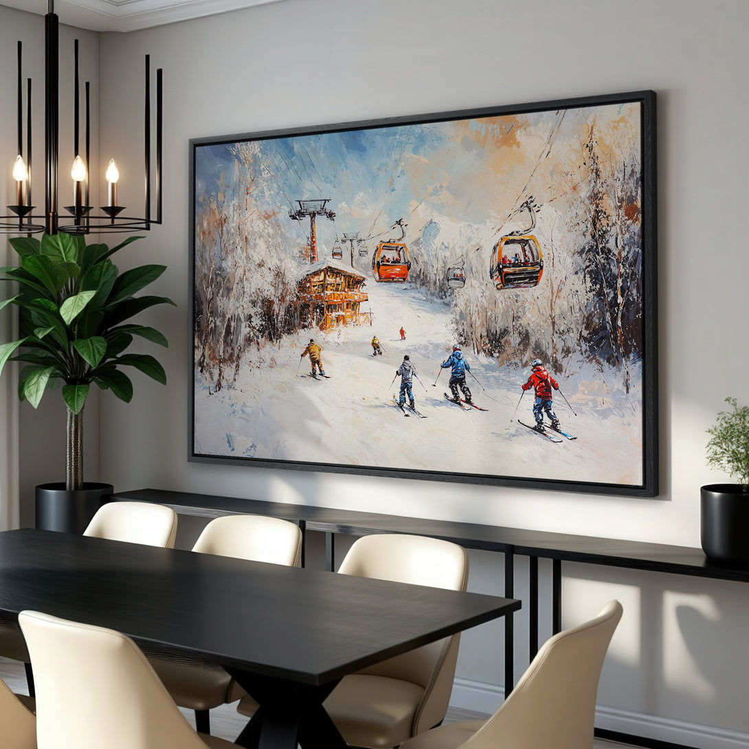 Framed Wall Art: Ski slope scene in a dining room. Impressionistic style with a blue, white, and orange color palette. Perfect for adding warmth and style.