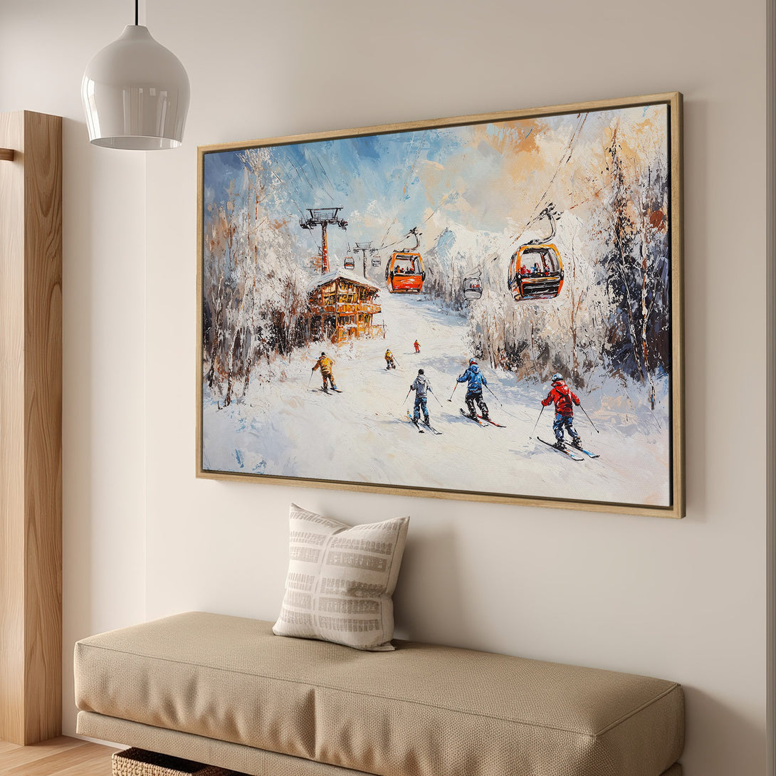 Framed Wall Art: Skiers on a snowy mountain landscape. Impressionist style with blue, white, and orange hues. Perfect for adding a touch of winter charm.