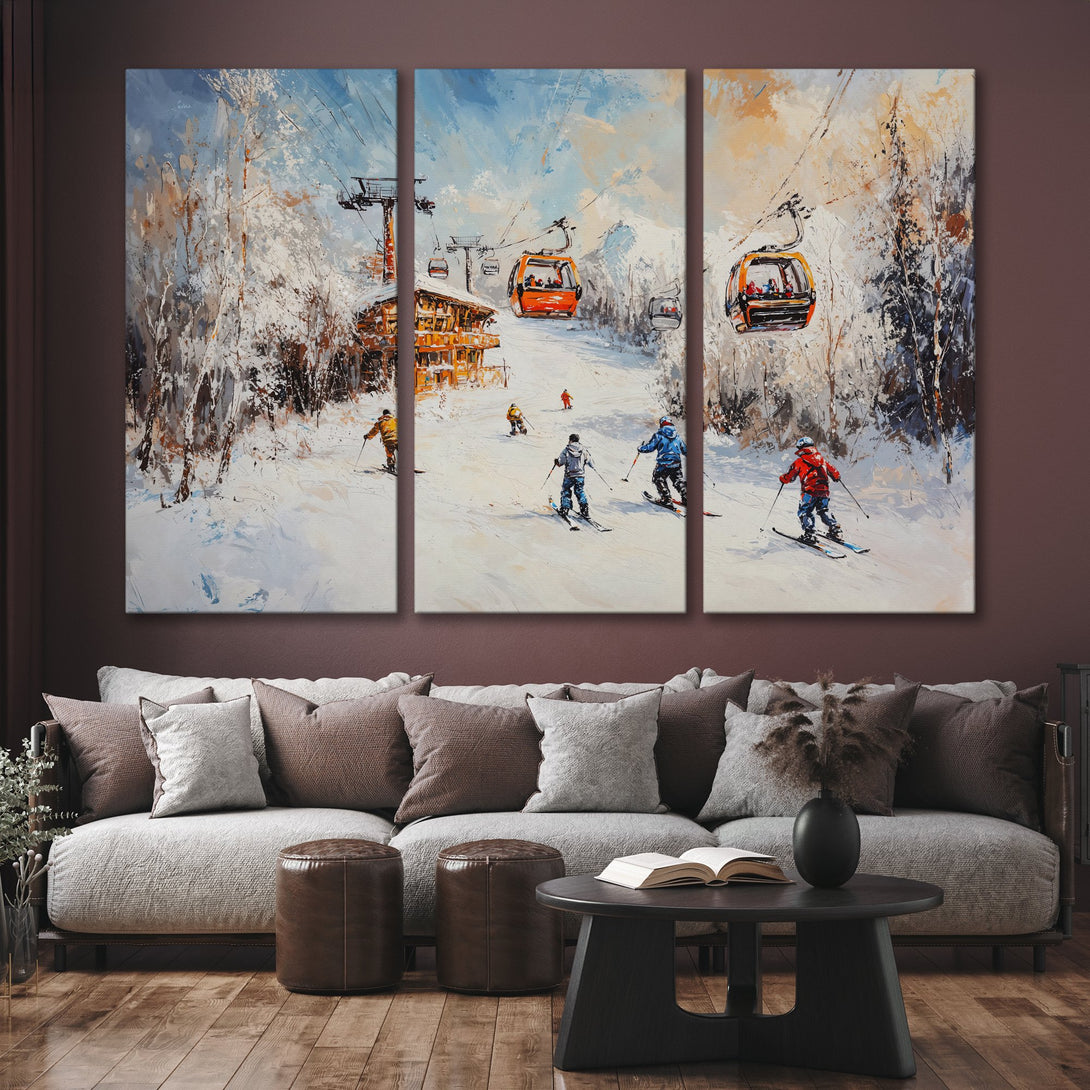 Canvas Print of a ski scene in a painterly style with a blue, white, and orange color palette. Perfect wall art for a cozy interior.