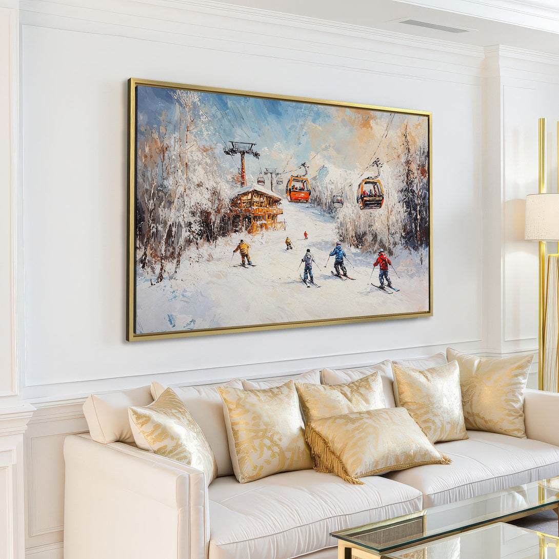 Canvas Print of a winter ski scene, showcasing skiers & ski lifts. Impressionistic style with a cool blue & warm orange palette. Perfect for cozy interiors.