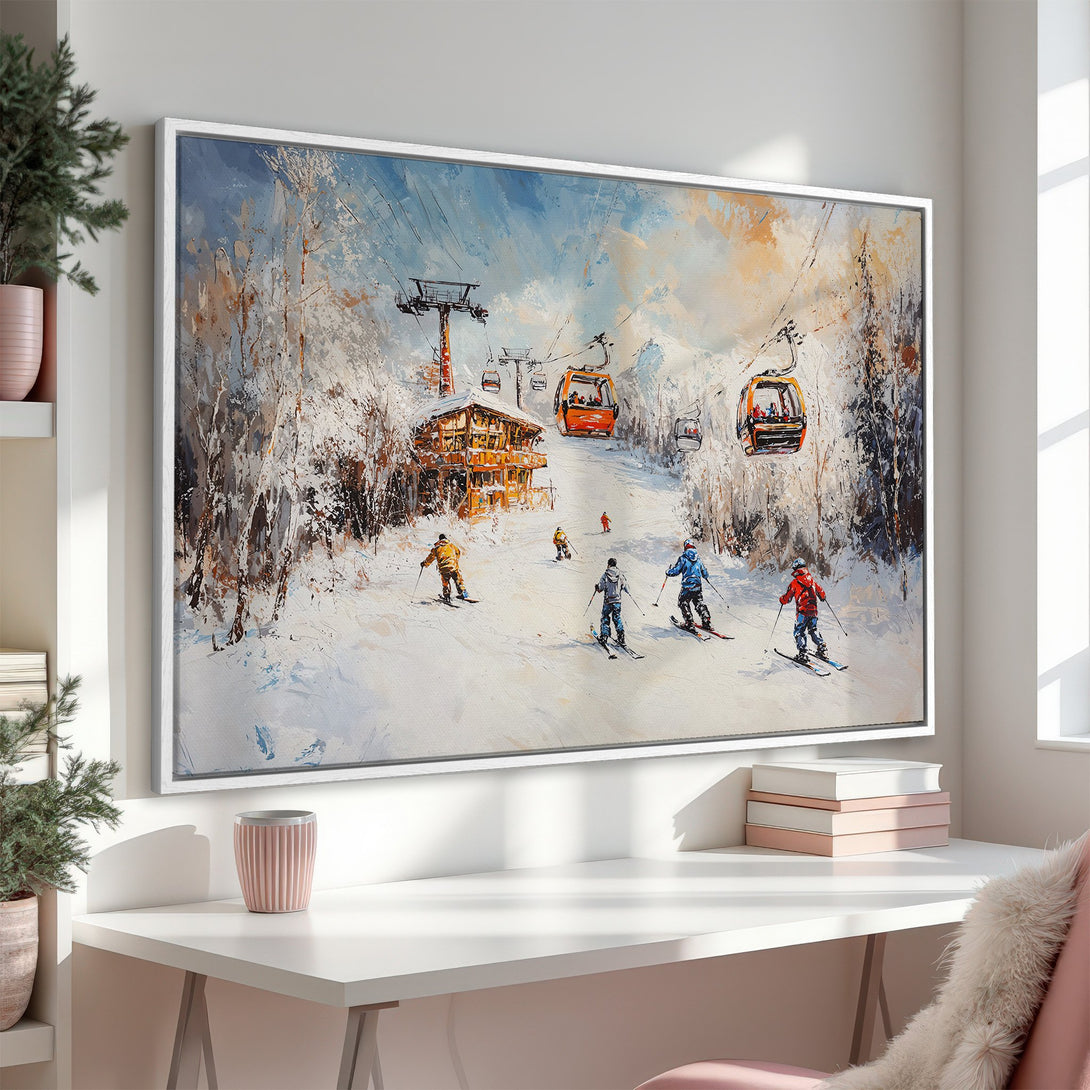 Framed Wall Art: Winter ski scene canvas print with skiers, ski lift, and snow-covered trees. Warm, inviting color palette. Perfect for home decor.