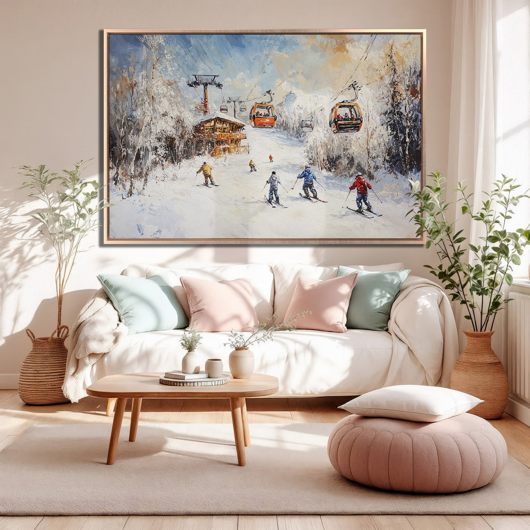 Framed Wall Art: Ski slope painting in a warm color palette. Perfect for adding a touch of winter charm to your living room decor. Shop now!