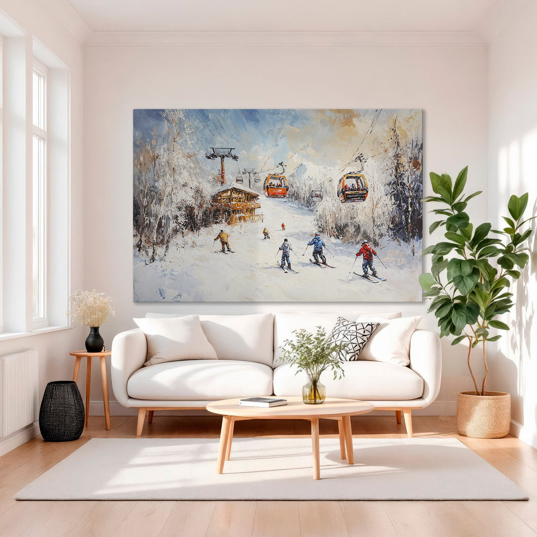 Framed Wall Art: Winter ski scene canvas print with skiers, gondolas, and snow-covered trees. Beautiful blue, white, and orange color palette for cozy home decor.