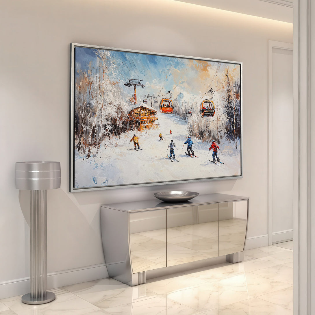 Framed Wall Art: Ski slope scene canvas print with a vibrant blue, orange, and white color palette. Perfect for adding a touch of winter charm to your home decor.