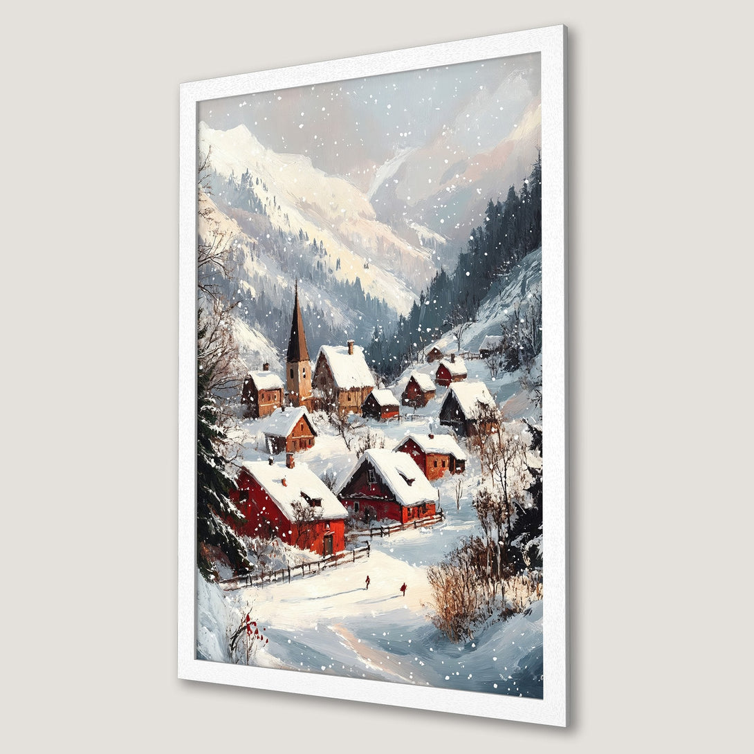 Framed Poster of a snowy village scene in a painterly style, featuring red houses and a cool, wintery color palette.