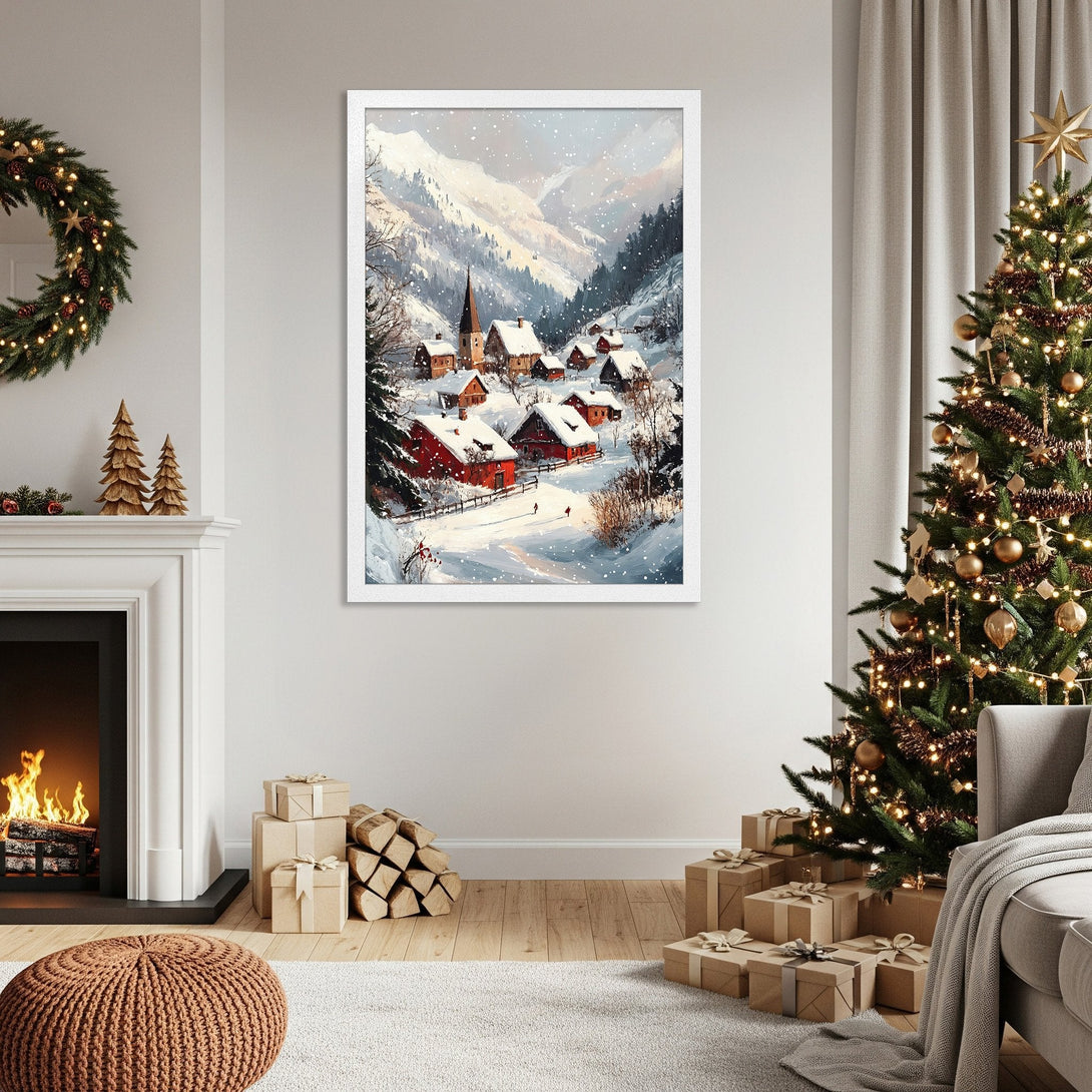 Framed Poster of a snowy village scene. Cozy winter art with a warm color palette. Perfect Christmas decor.