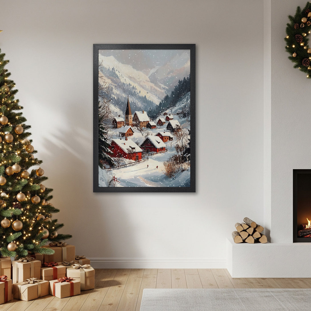 Framed Poster of a winter village scene in a watercolor style, featuring a snowy landscape and a warm red and white color palette.