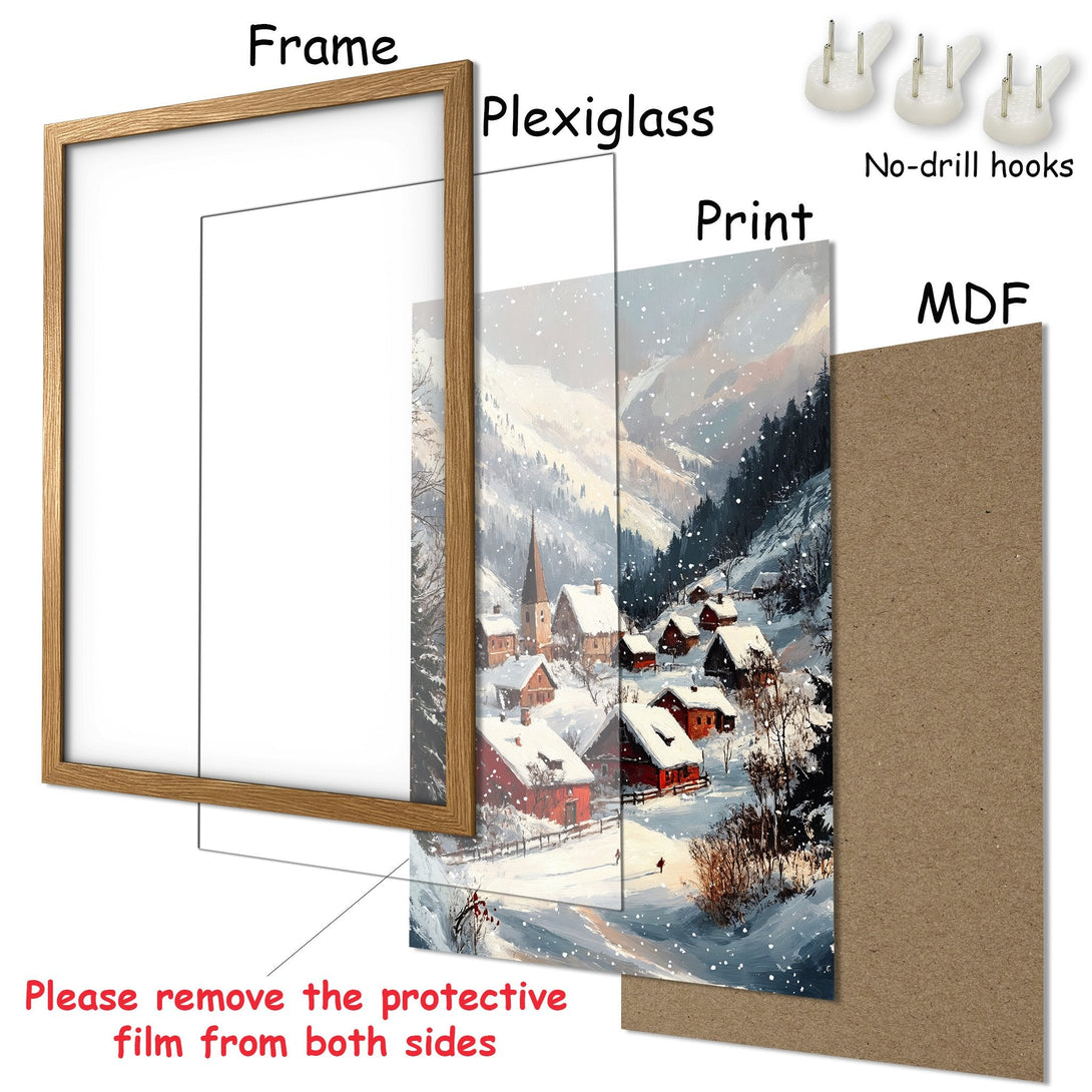 Framed Poster featuring a snowy village scene in a warm, inviting color palette. Perfect winter decor for your home!
