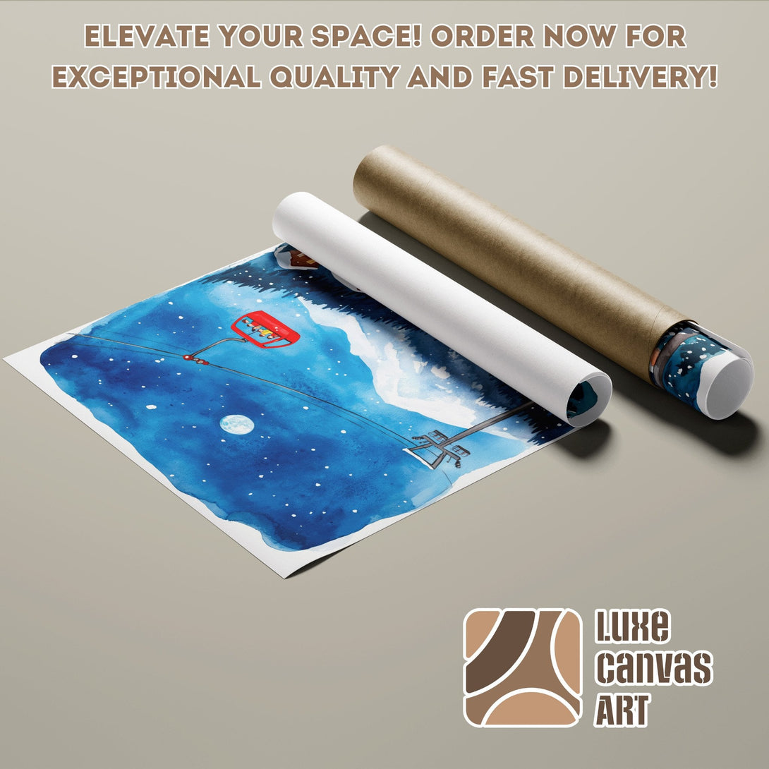 Watercolor Poster Roll featuring a winter ski lift scene in blue tones. Elevate your space!