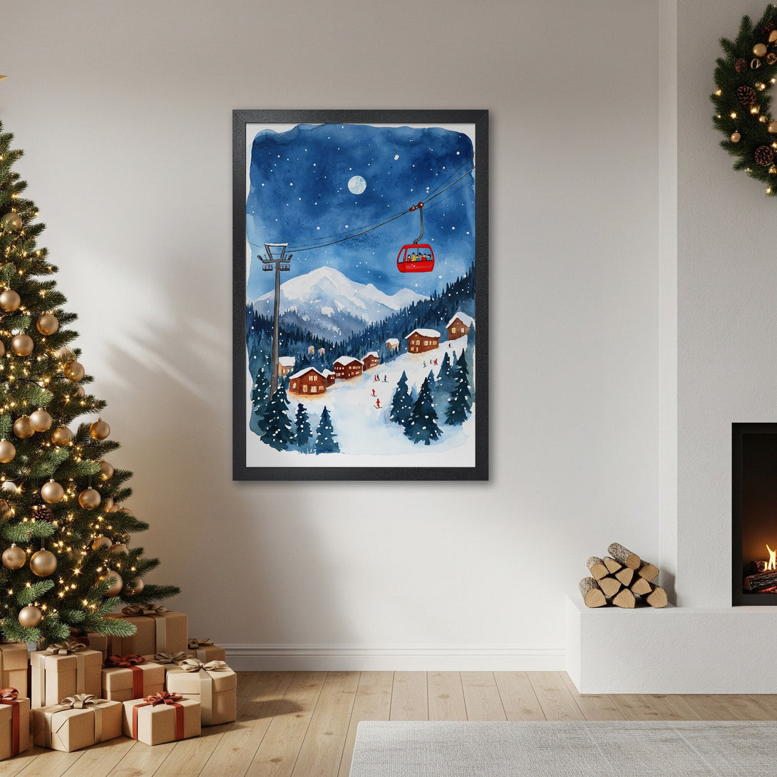 Framed Poster featuring a watercolor winter ski scene in blue, white, and red. Perfect for holiday decor!