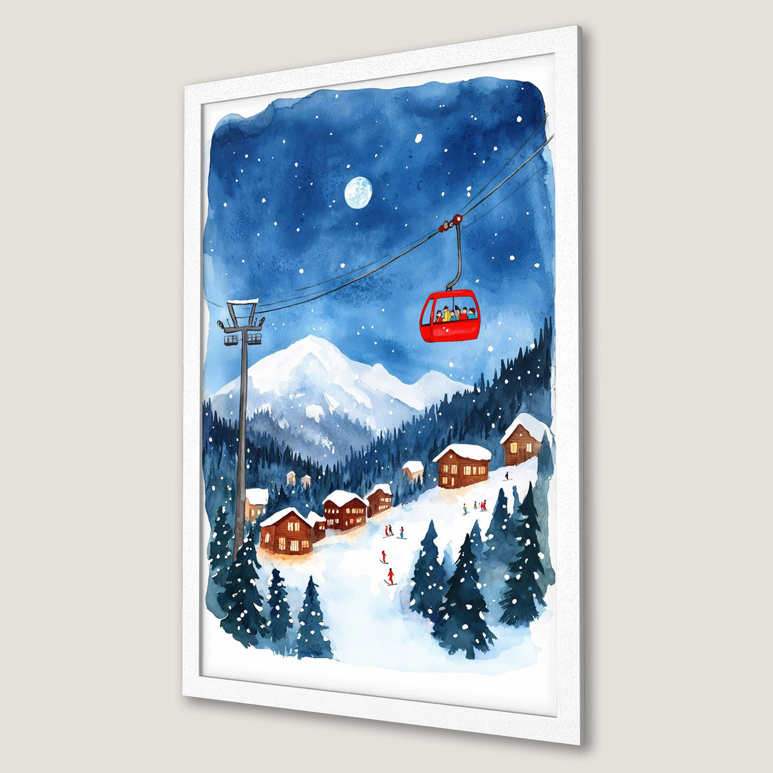 Framed Poster of a winter ski resort scene. Watercolor style with a blue, white, and red color palette. Perfect wall art for your home!