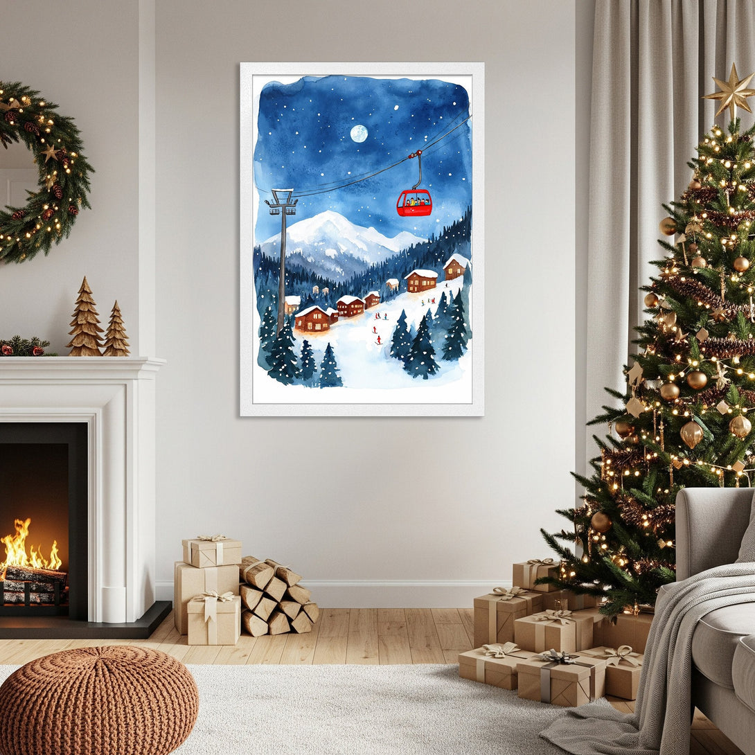 Framed Poster of a winter ski scene in watercolor style, featuring a blue and white color palette. Perfect for holiday decor!