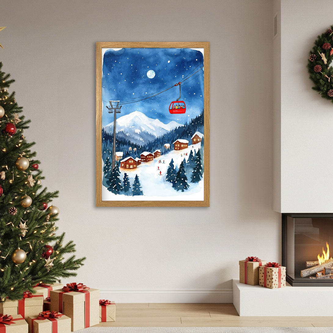 Framed Poster of a winter ski scene in watercolor style, featuring a blue and white color palette, perfect for holiday decor.