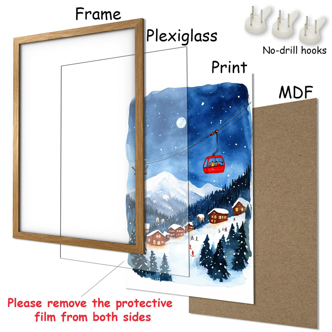 Framed Poster of a winter watercolor scene with a ski lift, blue and white palette. Perfect wall art!