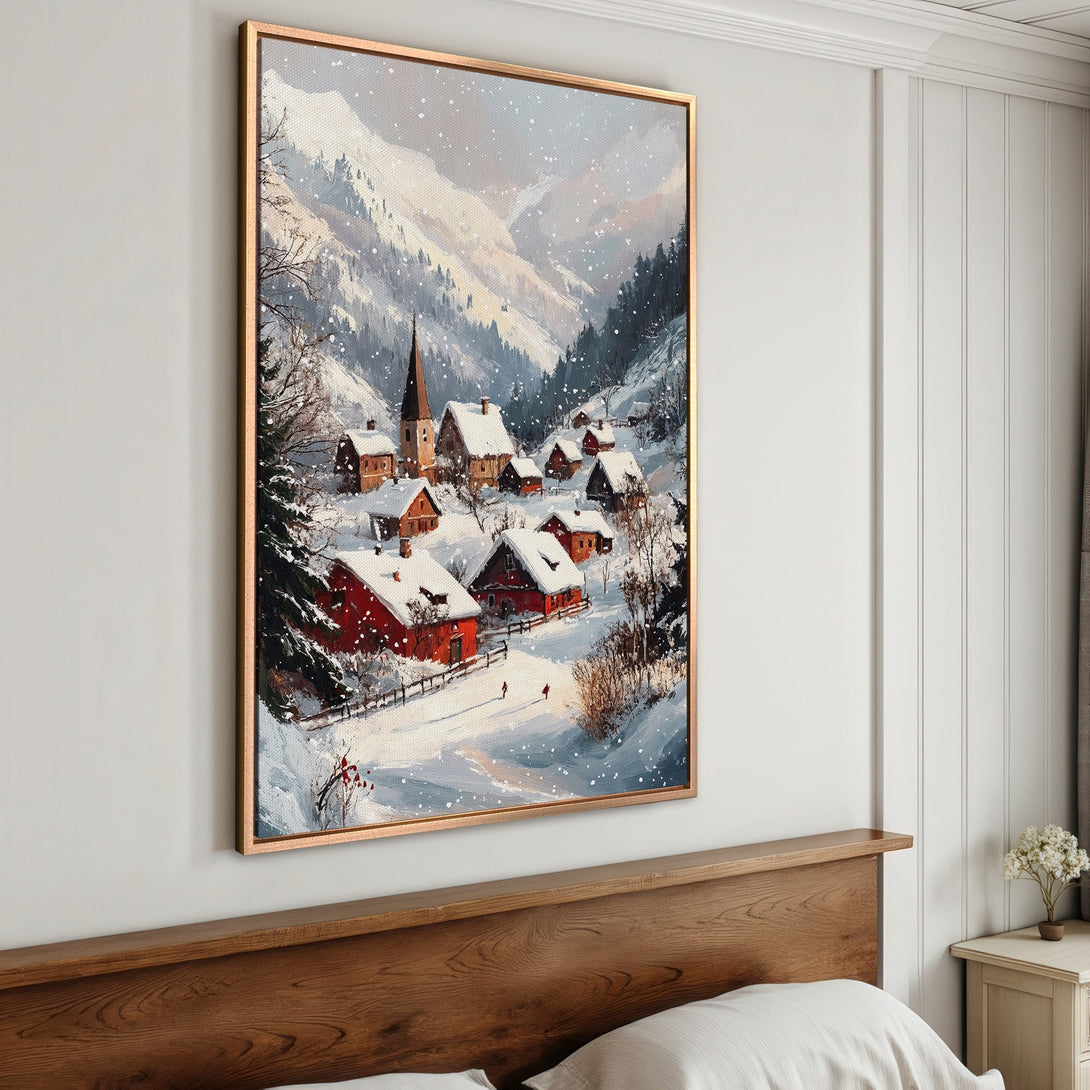 Framed Wall Art: Winter village scene canvas print in a warm, cozy style. Featuring a snowy landscape with red roofs and a muted, cool color palette.