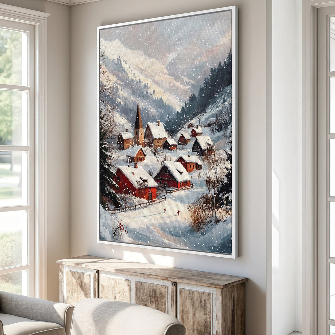 Framed Wall Art: Winter village scene in a painterly style. Features a snowy landscape with red houses, a church, and a cool, muted color palette. Perfect for cozy decor.