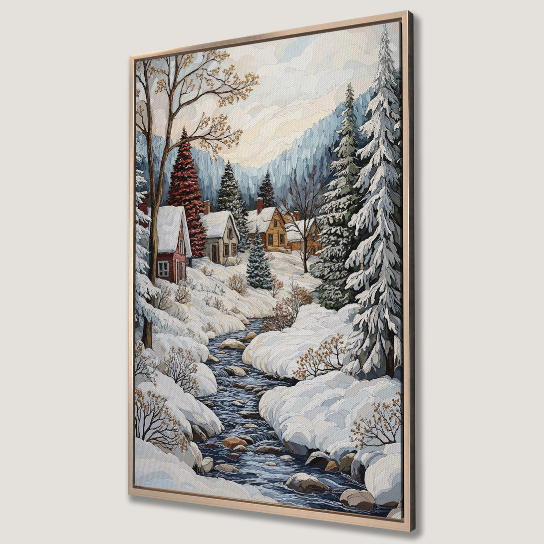 Framed Wall Art Canvas Print of a winter landscape scene with snow-covered cabins, a flowing river, and a cool, muted color palette.