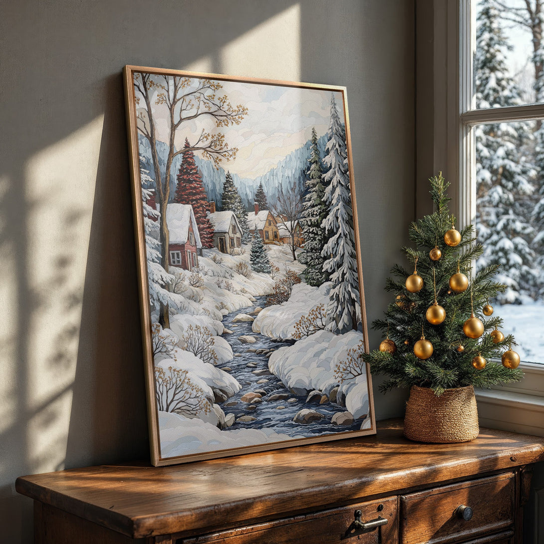 Framed Wall Art: Winter landscape Canvas Print with a cozy cabin scene in cool blues, greens, and warm browns. Perfect for adding a touch of winter charm to your home!
