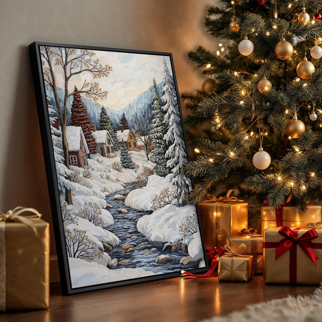 Framed Wall Art: Winter landscape Canvas Print with a cozy cabin scene in cool blue and warm gold tones, perfect holiday decor.