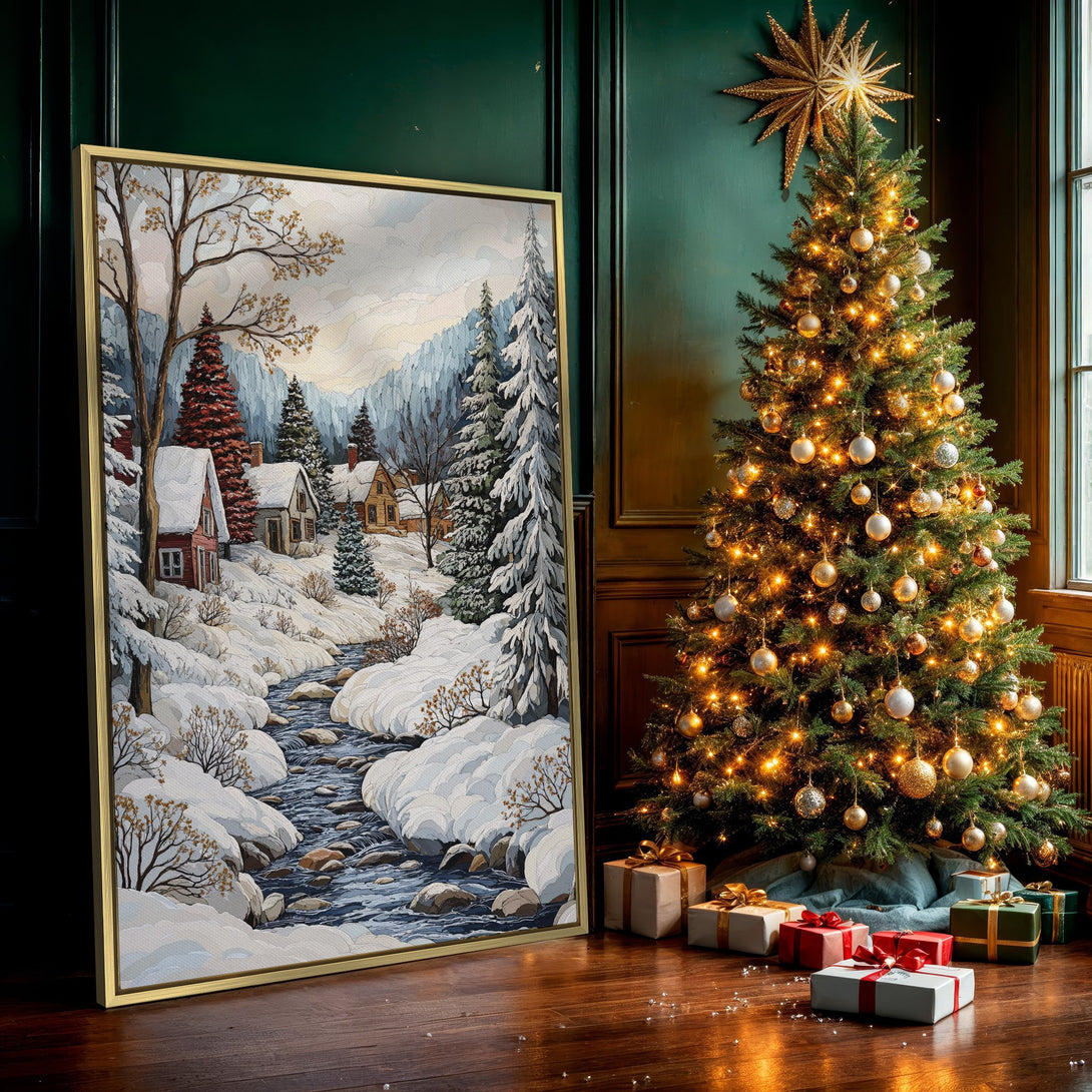 Canvas Print featuring a winter village scene in a painterly style with cool blue, white, and warm earth tones. Perfect wall art for cozy decor.