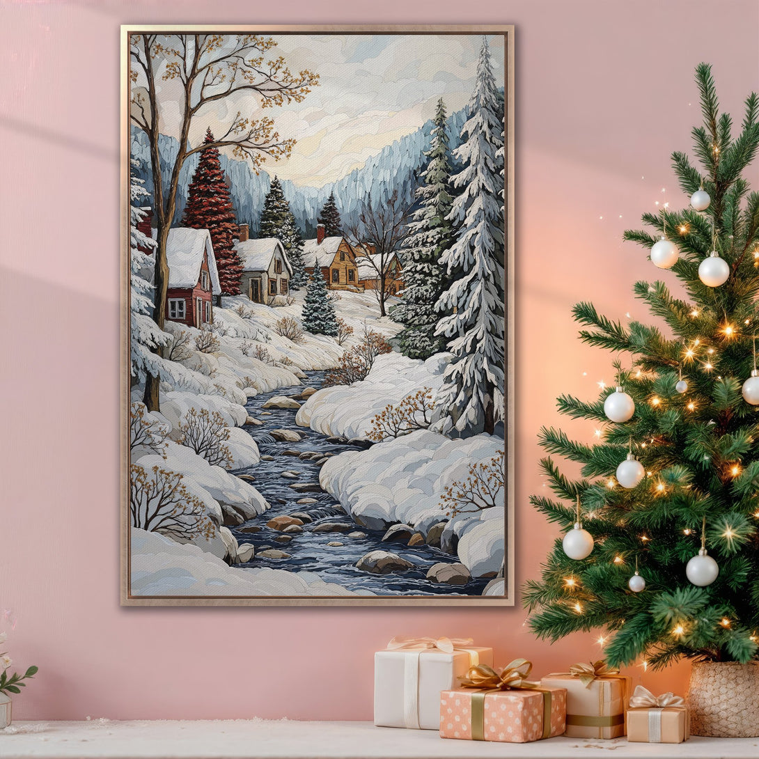 Framed Wall Art: Winter landscape Canvas Print in cool blue, white, and warm brown tones. Perfect for cozy home decor and holiday gifting.