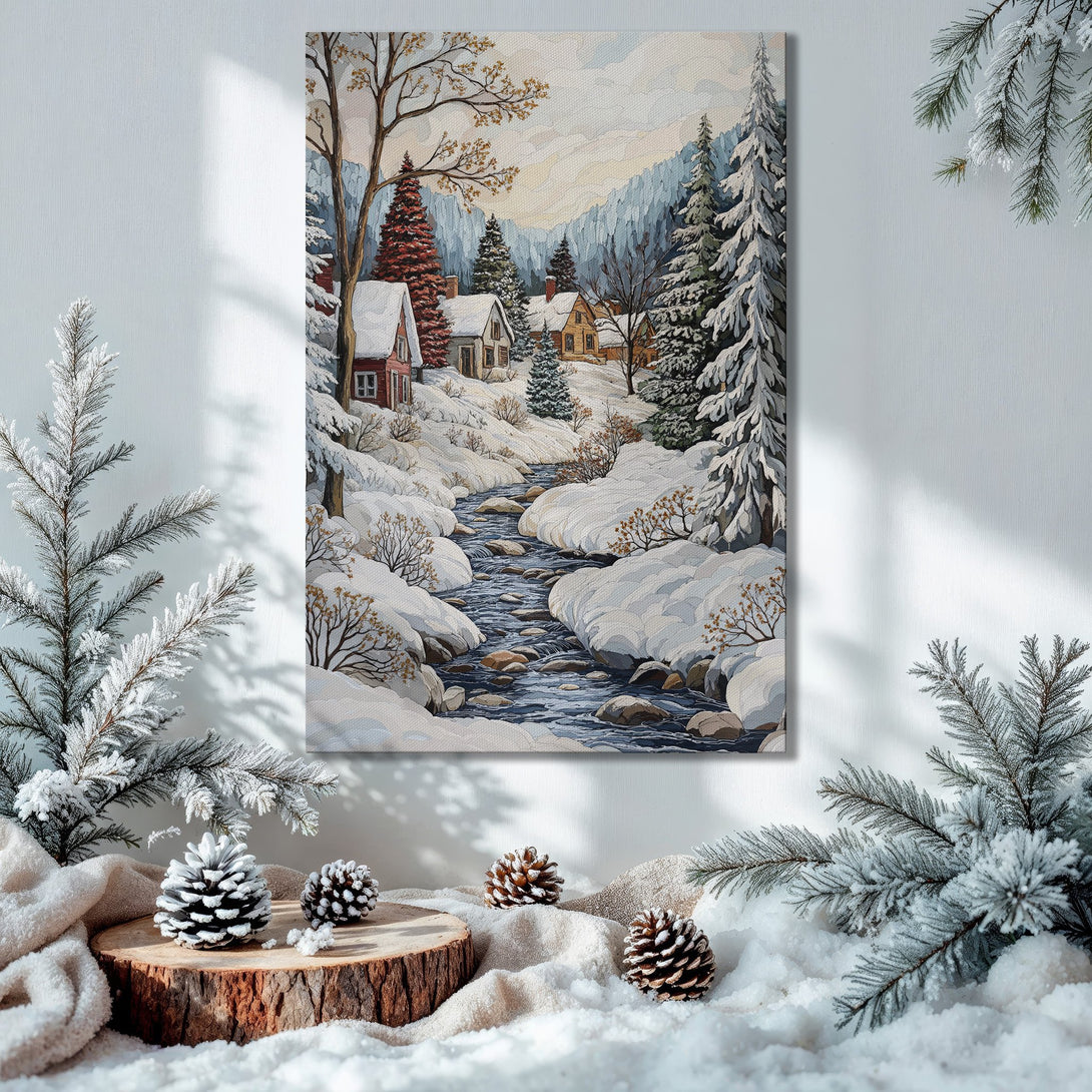 Framed Wall Art: Winter landscape canvas print with snowy river & cozy cabins. Warm color palette, perfect for holiday decor.