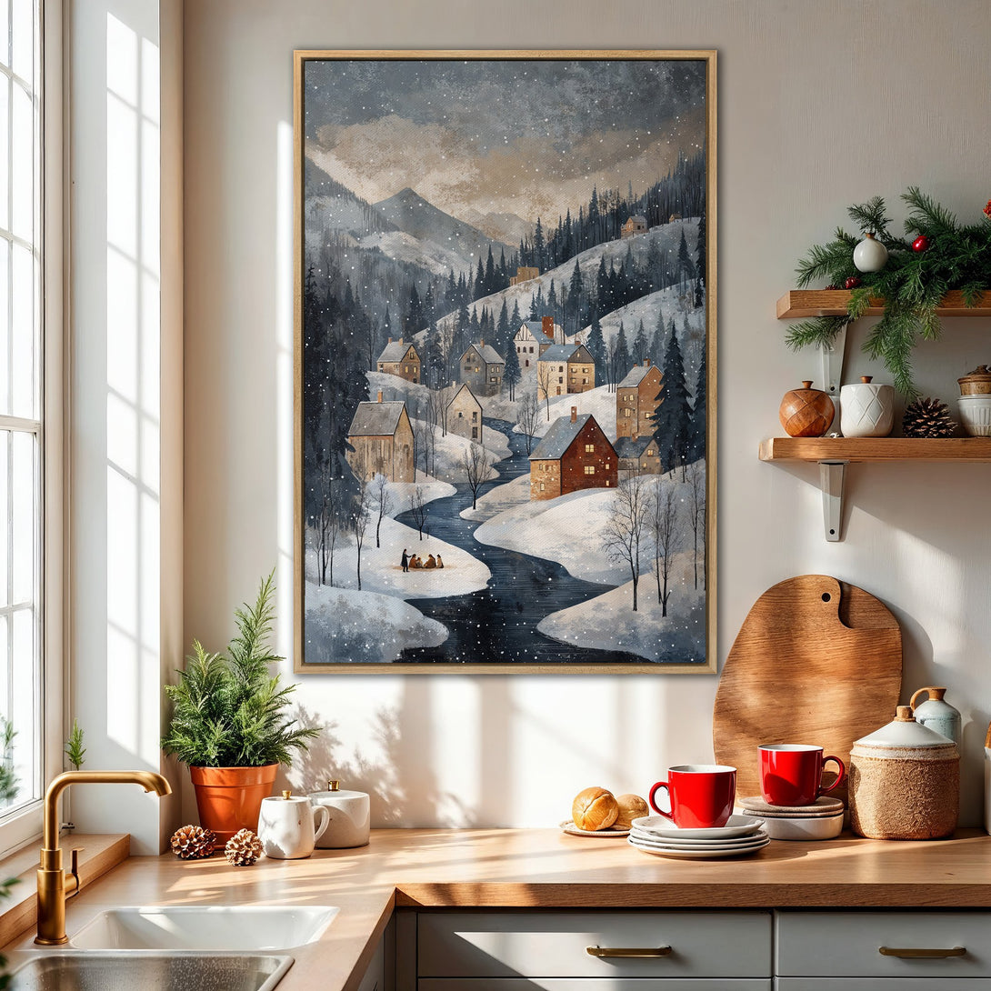 Framed Wall Art: Winter landscape canvas print with snowy village scene in cool blues, grays, and warm reds. Perfect for cozy home decor!