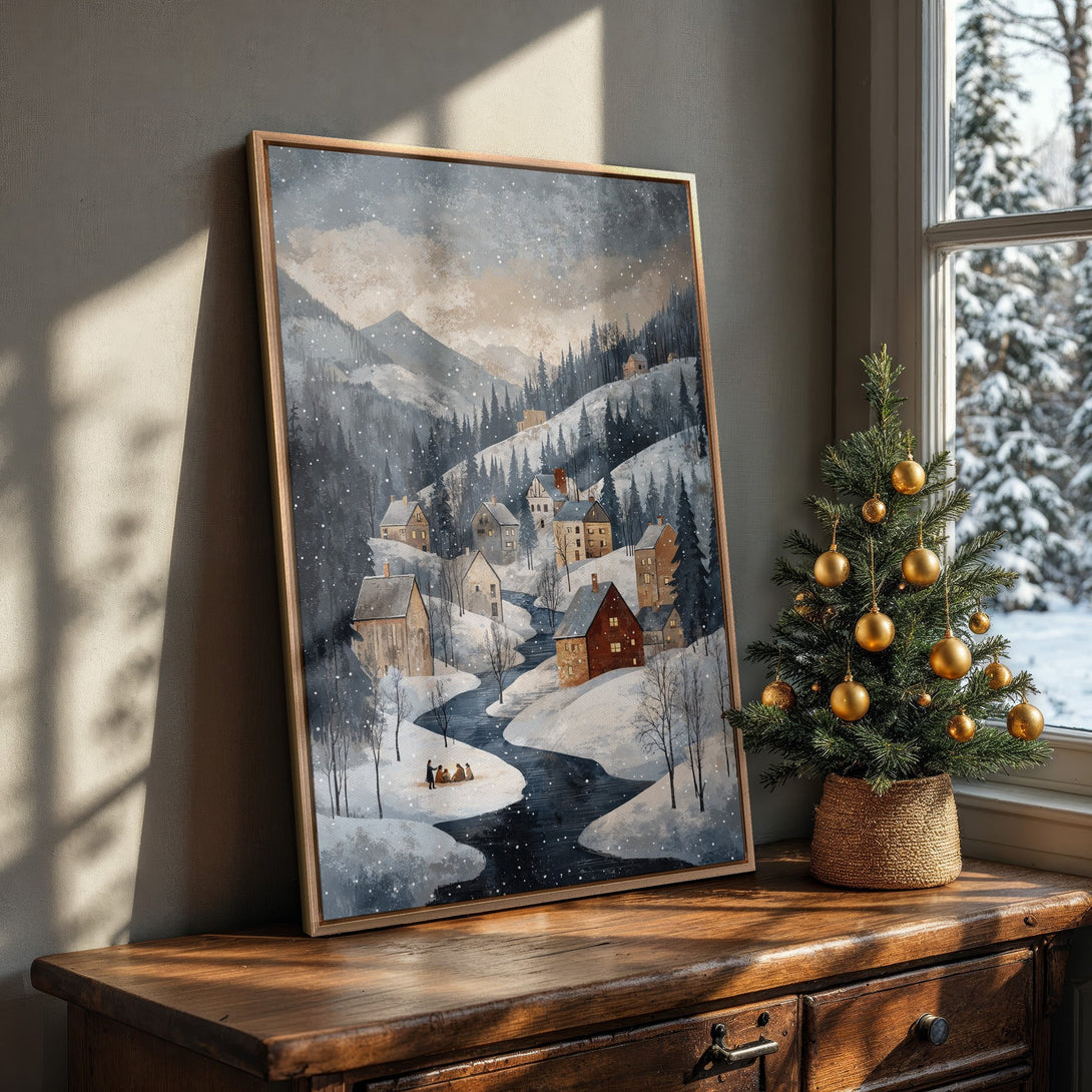 Framed Wall Art: Winter village scene in a cozy interior. Watercolor style with cool blues, grays, and warm earth tones. Perfect holiday decor!
