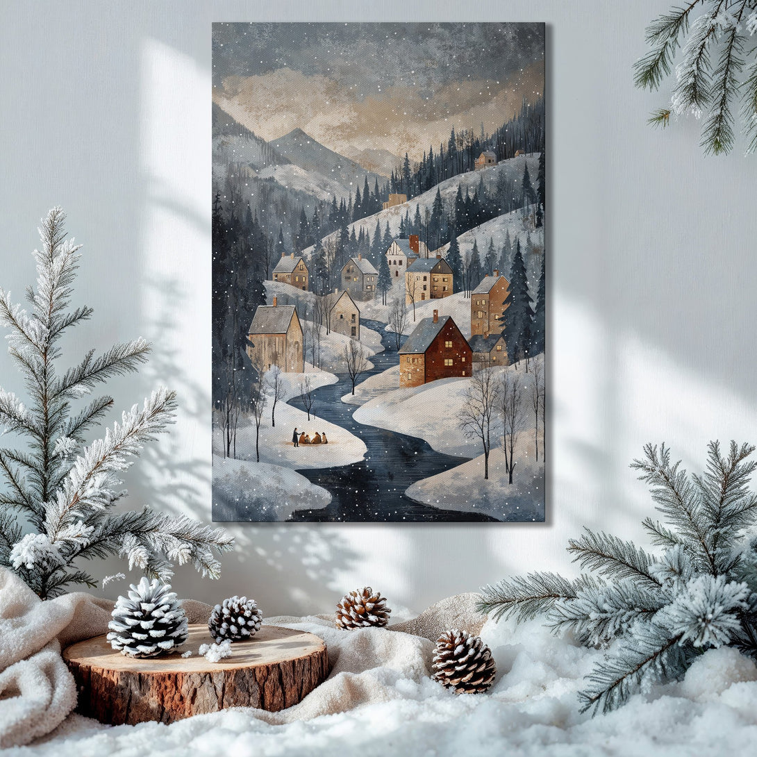 Framed Wall Art: Winter village scene in muted blues and browns. Cozy landscape art for your home. Perfect for holiday decor.