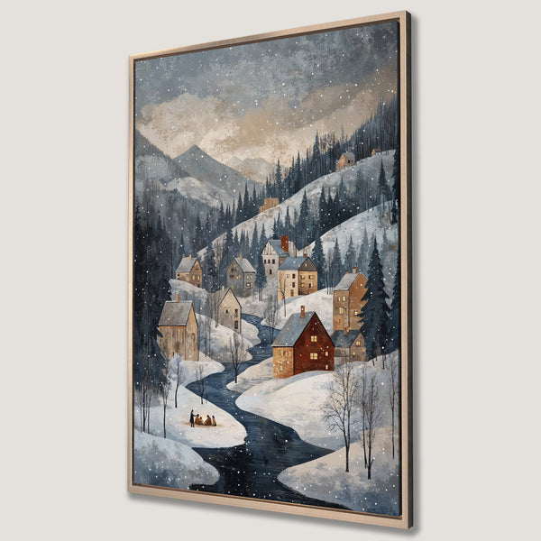 Framed Wall Art: Winter village scene canvas print in watercolor style. Featuring a snowy landscape with a cool blue and warm brown palette. Perfect for cozy decor.