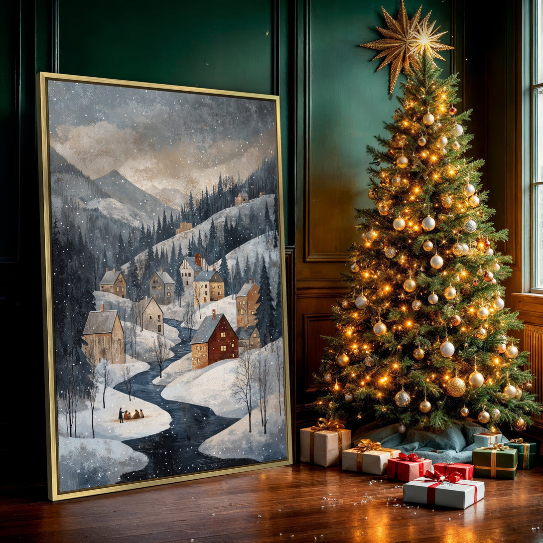 Canvas Print of a snowy village scene. Watercolor style art with a muted, wintery color palette. Perfect for cozy home decor.