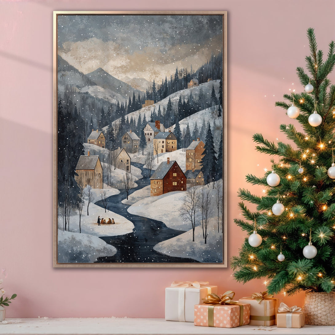 Framed Wall Art: Winter village scene in a cozy, painterly style. Features a snowy landscape with muted blues, browns, and whites, creating a warm, inviting atmosphere. Perfect Christmas decor!