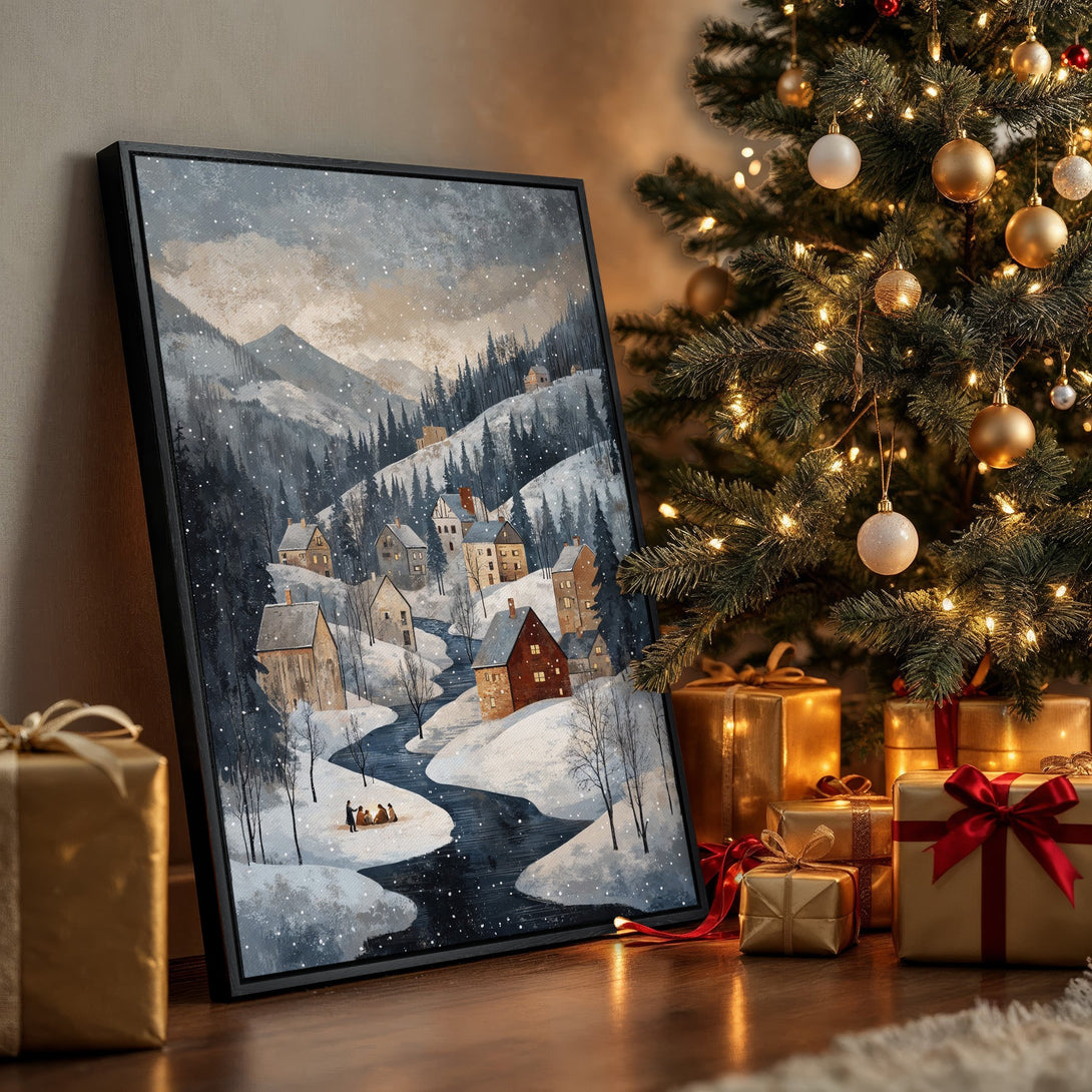Framed Wall Art: Winter village scene in cool blue & warm tones. Perfect holiday decor! Add cozy charm with this snowy landscape Canvas Print.