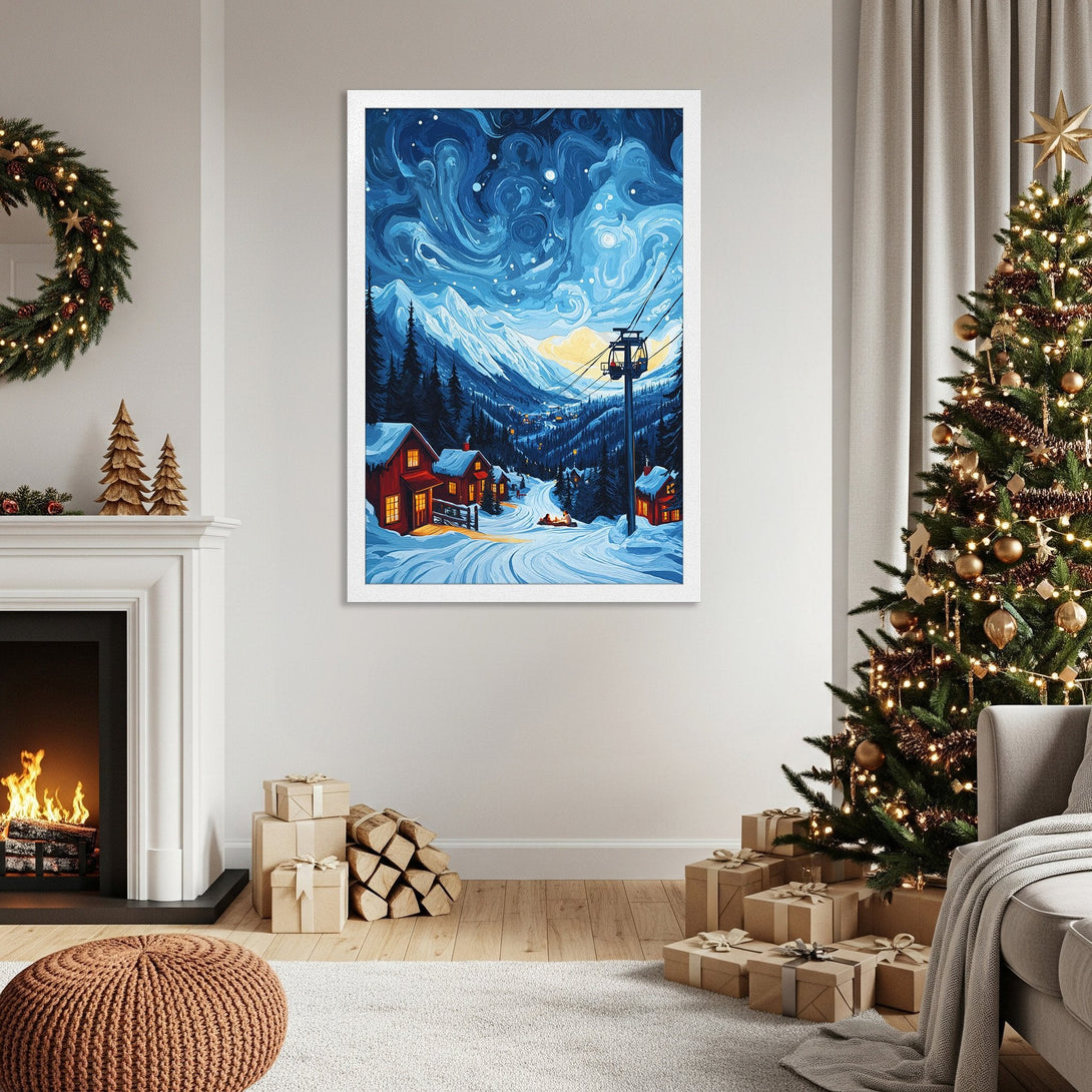 Framed Poster featuring a winter landscape scene in a whimsical style with blue and white tones. Perfect holiday decor!