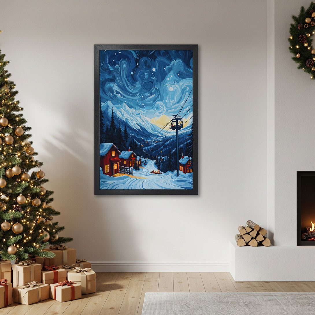 Framed Poster of a winter mountain scene in a whimsical style with a blue and white color palette. Perfect Christmas decor!
