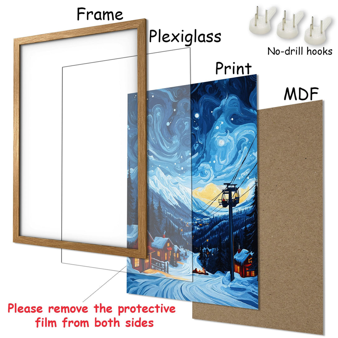 Framed Poster of a winter landscape in blue and white. Artistic style, perfect for home decor. Get yours today!