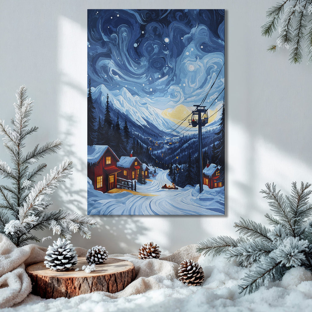 Framed Wall Art: Winter landscape Canvas Print with blue and white tones, displayed in cozy Christmas interior. Perfect holiday decor!