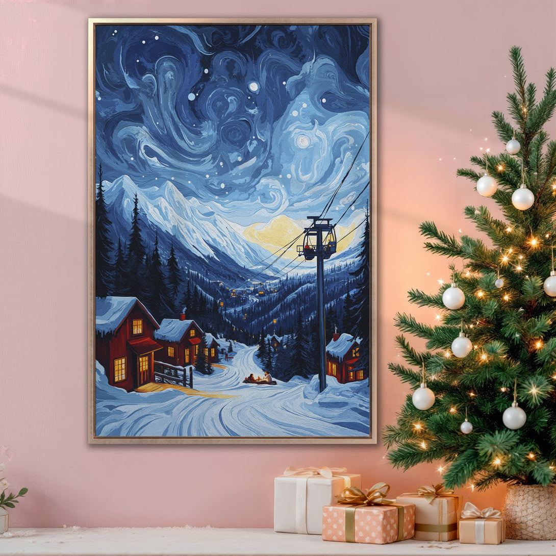 Framed Wall Art: Winter landscape Canvas Print with snowy mountains, blue & white palette, and cozy red cabins. Perfect for holiday decor!