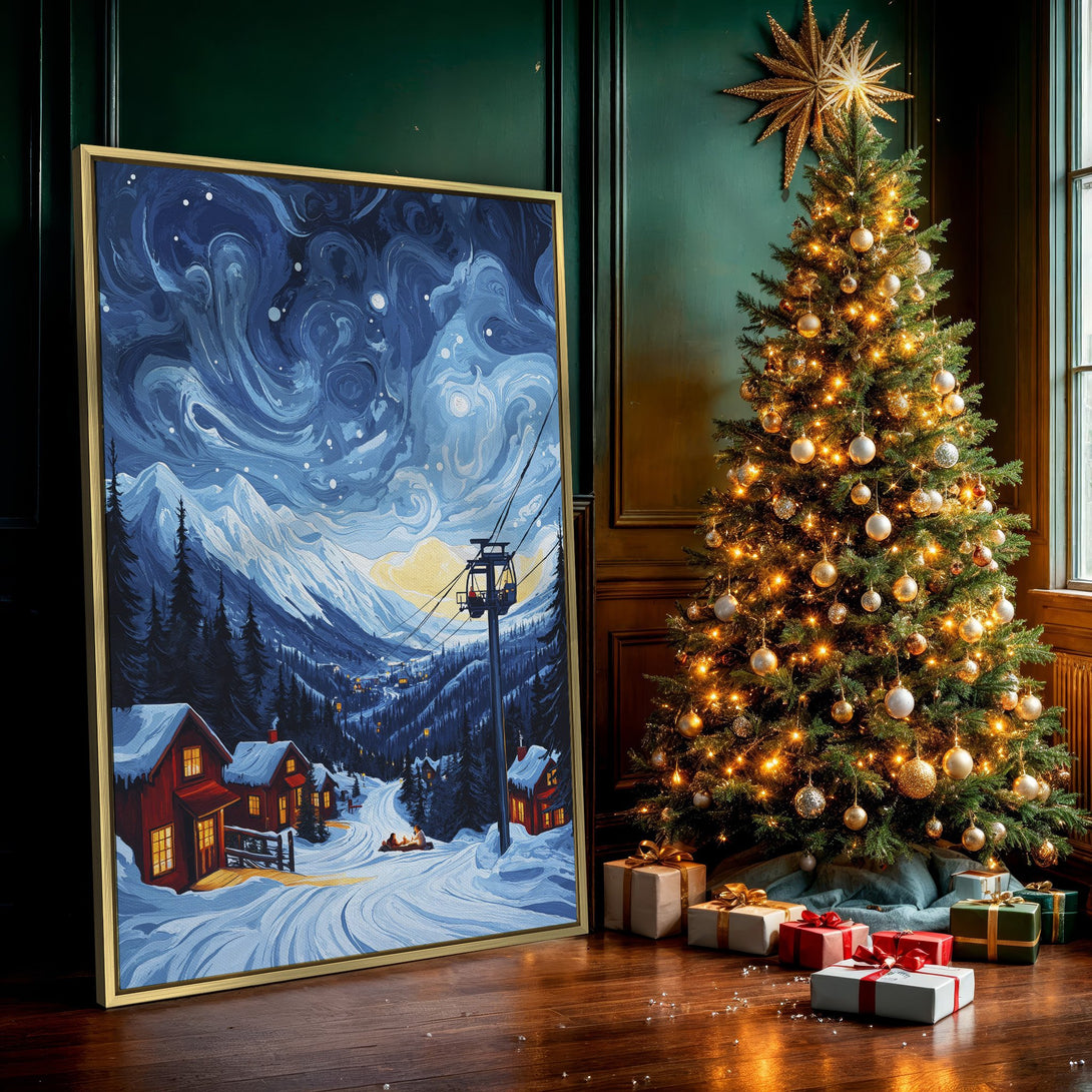 Canvas Print of a winter landscape painting with snowy mountains, cabins, and a ski lift in a blue and white color palette.